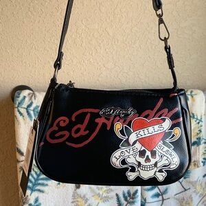 Ed Hardy mini Black Shoulder Bag/handbag or wristlet   with Skull and Heart